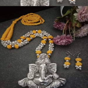 Big Silver Ganesh Pendant Yellow Cotton Balls with Silver Gungroos set