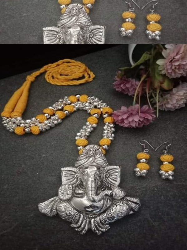 Big Silver Ganesh Pendant Yellow Cotton Balls with Silver Gungroos set