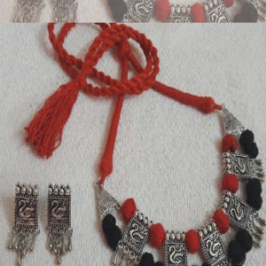 Fancy Oxidised Silver Tribal Red Black Choker Set