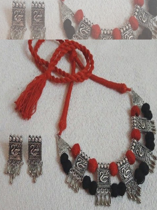 Fancy Oxidised Silver Tribal Red Black Choker Set