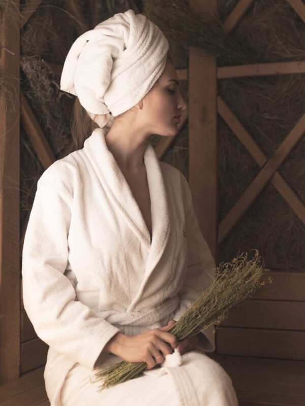 Sanganeri Block White Waffle Weave Handwoven Bath Robe